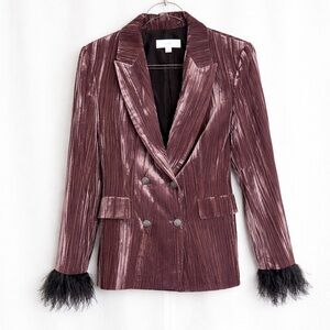 Zara Velvet Double-Breasted Blazer with Feather Cuffs. Size Medium. NWOT